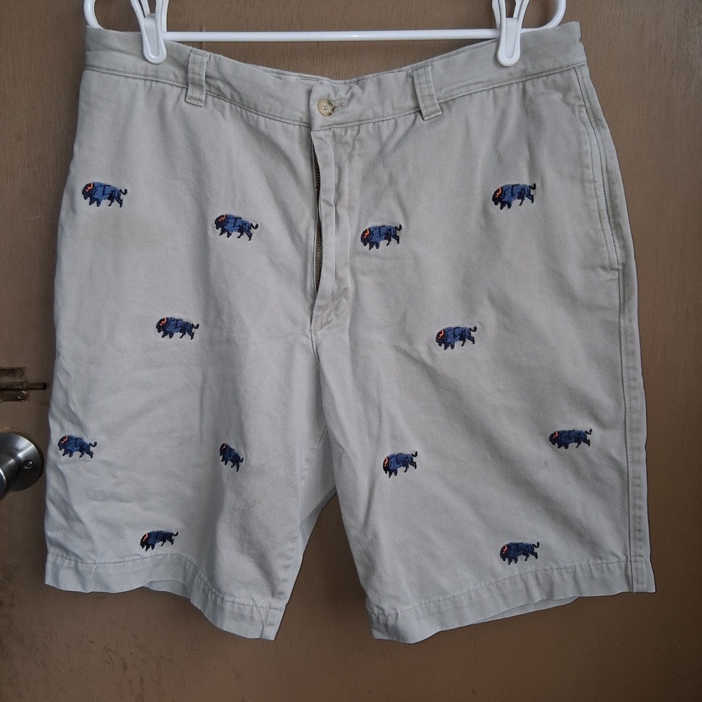 Berle Mfg Co Washed Stoned and Beaten Khaki Shorts Buffalo Print Cotton Mens 36